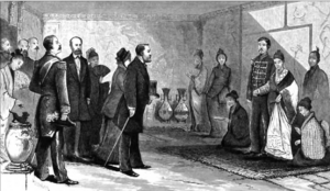 The etching from the book shows some Western people meeting with the Emperor of Japan.