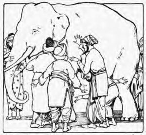 illustration of an elephant and three men