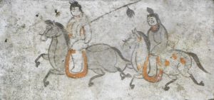 Male and female tomb occupants riding, painting on brick, third-fourth century.