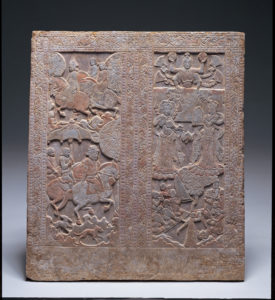 Panel from the Miho Funerary Couch, carved and painted stone, fifth-sixth century.