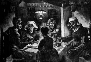 Image shows five people sitting in the room eating potatoes