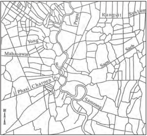 line drawing of canals surrounding Bangkok and its environs.