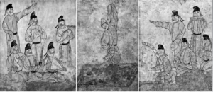 Images left to right: six mem are playing music instruments, a man is dancing, five men playing music instruments