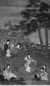 The painting depicts under the two trees a woman in the center dancing on the carpet, surrounded by six women enjoying or playing music