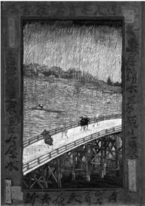 Image of people running on the Bridge in the Rain 