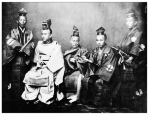 Photo of five Japanese men with traditional costumes