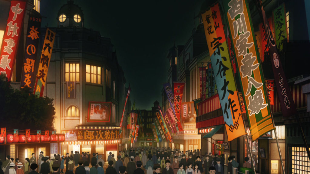 Nighttime streetscape in Taishō Era Tokyo.