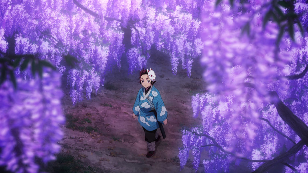 Tanjiro arrives on Mount Fujikasane in a forest covered in flowering wisteria.