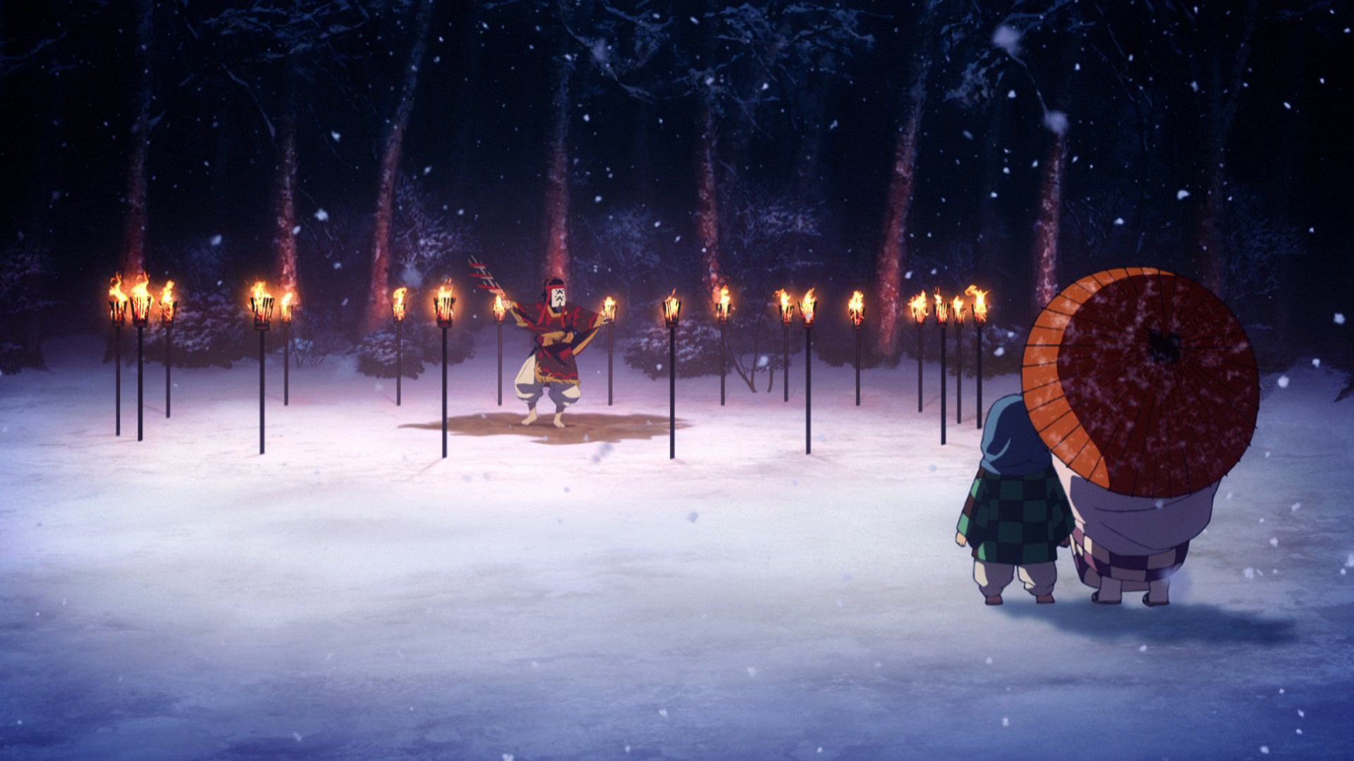 Tanjiro and his mother watch as his father performs the kagura dance.