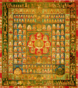 A hanging scroll silk bearing art depicting the Womb Realm Maṇḍala.