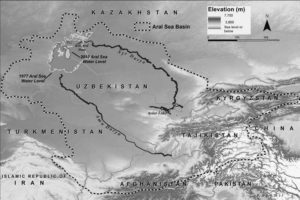 A map of the Aral Sea Basin situated along the borders between Uzbekistan and Kazakhstan. 