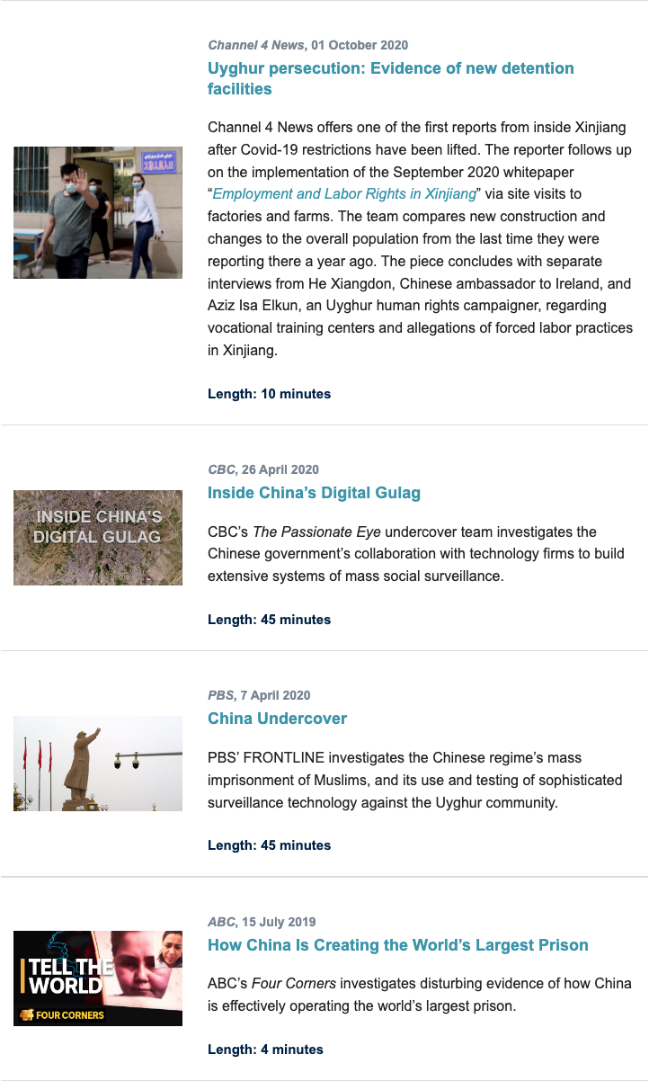 This picture provides a very small sample of the many International Documentaries offered in the Teaching/Documentary section of the Xinjiang Documentation Project website. This section provides a constantly updated list of videos from international media sources that examine the operation of re-education camps and other forms of state-led political oppression in Xinjiang.