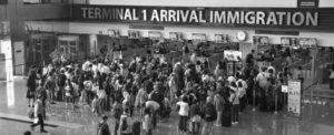 Immigration control at Changi International Airport in Singapore.  