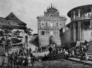 Image shows many people standing outside of the Jesuit Convent, Macao