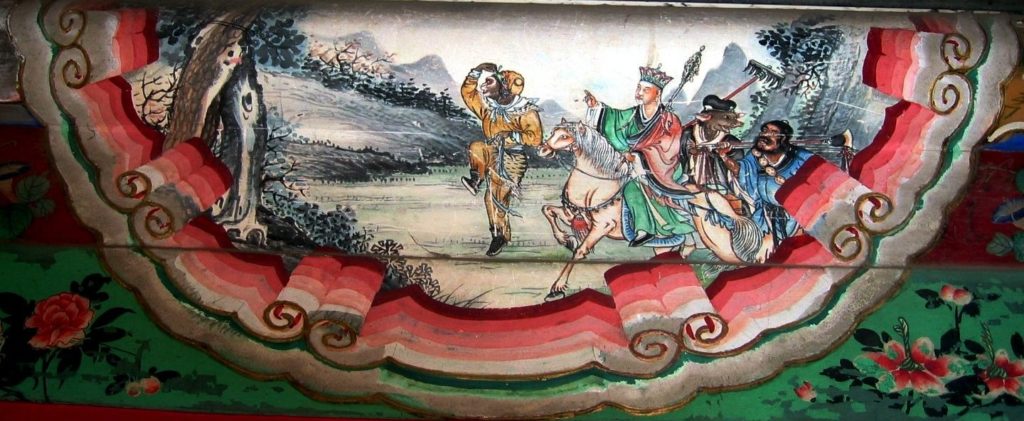 xuanzang journey to the west painting of a monkey leading a man on a horse