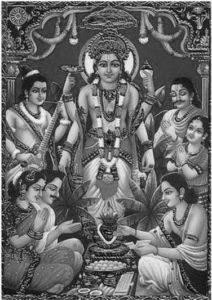illustration of vishnu with six arms and other worshipping people