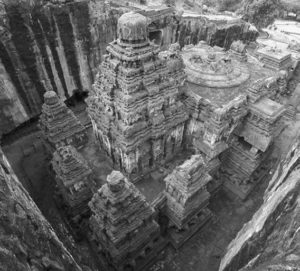 aerial view of a tall temple complex