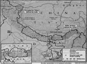 China–India border, showing two large disputed areas in Aksai Chin and Arunachal Pradesh and several smaller disputes.