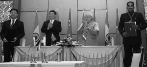 Indian Prime Minister Narendra Modi and Chinese President Xi Jinping witnessing the signing of a memorandum of understanding between the cities of Guangzhou, China and Ahmedabad, Gujarat, India for closer cooperation between the local authorities of the two cities. 