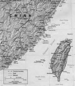 the map shows a somewhat detailed geography of the Taiwan strait, including some of the cities along the coast of both China and Taiwan.