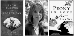 Lisa See with her two books, photo left to right: book cover of Snowflower and the Secret Fan, the author Lisa See, book cover of Peony In Love