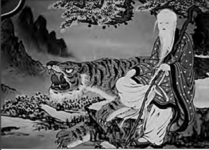 Image shows a MOUNTAIN SPIRIT sitting under the tree AND TIGER by his side