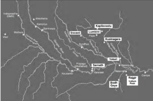 Map of the Ganges basin and the Buddhist pilgrimagesites in India