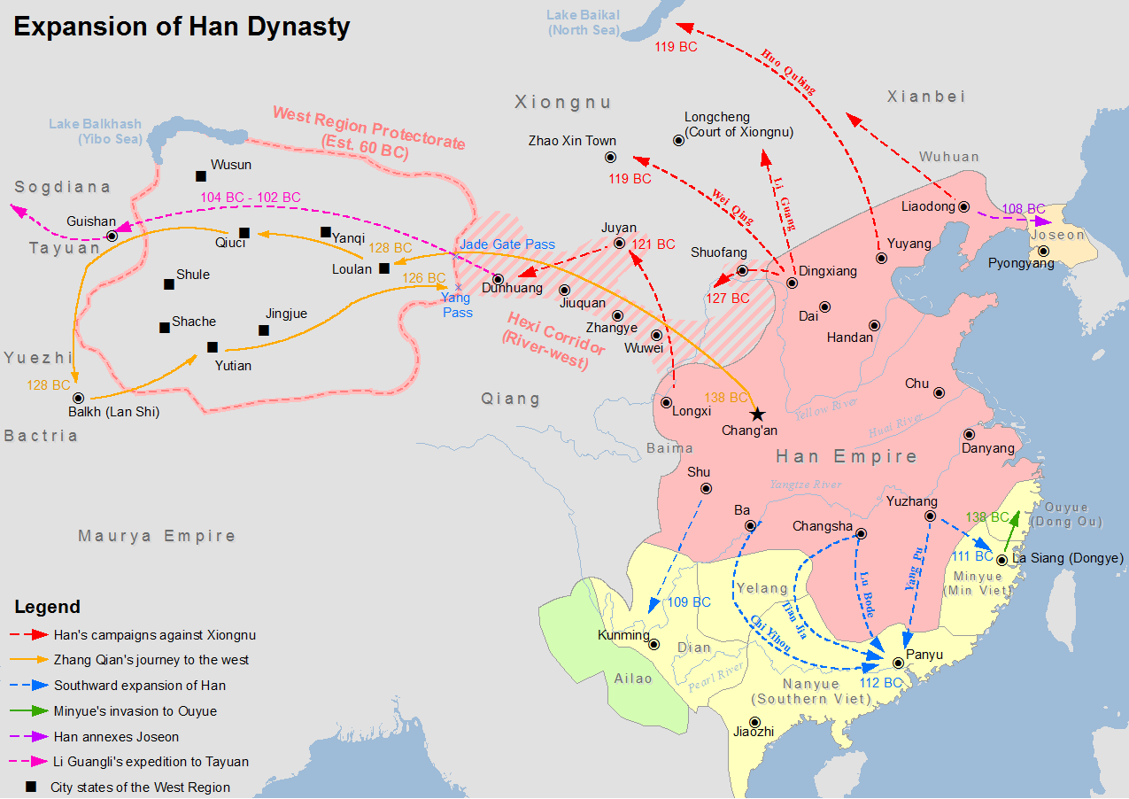 Map showing the expansion of the Han Dynasty in second century BCE.