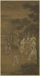 Emperor Wen is seated and listens intently to his official minister Yuan Ang at Shanglin Garden.