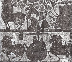 Rubbing detail of chariots and horses in Stone Chamber 1 of the Wu Family Shrines in Shandong Province, China, dated to the second century AD, made during the Eastern Han Dynasty.