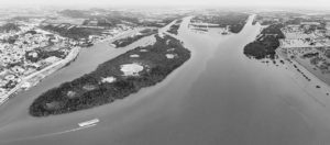 An aerial photograph of a river landscape. 