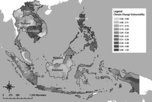 A map showing the environmental vulnerability of Southeast Asia. 