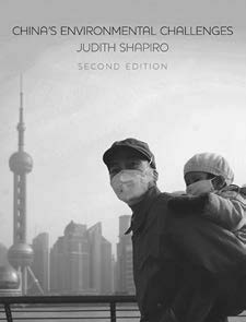 Book cover of 'China's Environmental Challenges.' The cover features a photograph of a man carrying a young girl on his back, with the Shanghai bund skyline in the background. Both individuals are wearing masks, and the air is filled with dense smoke.