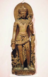 In Buddhism, Avalokiteśvara (Sanskrit: अवलोकितेश्वर, IPA: /ˌʌvəloʊkɪˈteɪʃvərə/[1]), also known as Avalokitasvara, is a bodhisattva who contains the compassion of all Buddhas and is the principal attendant of Amitabha Buddha on the right. He has 108 avatars, the most notable of which is Padmapāṇi (the lotus bearer). He is variably depicted, described, and portrayed as either male or female in different cultures.[2] Guanyin is one of the female depictions of Avalokiteśvara that appears in East Asia.