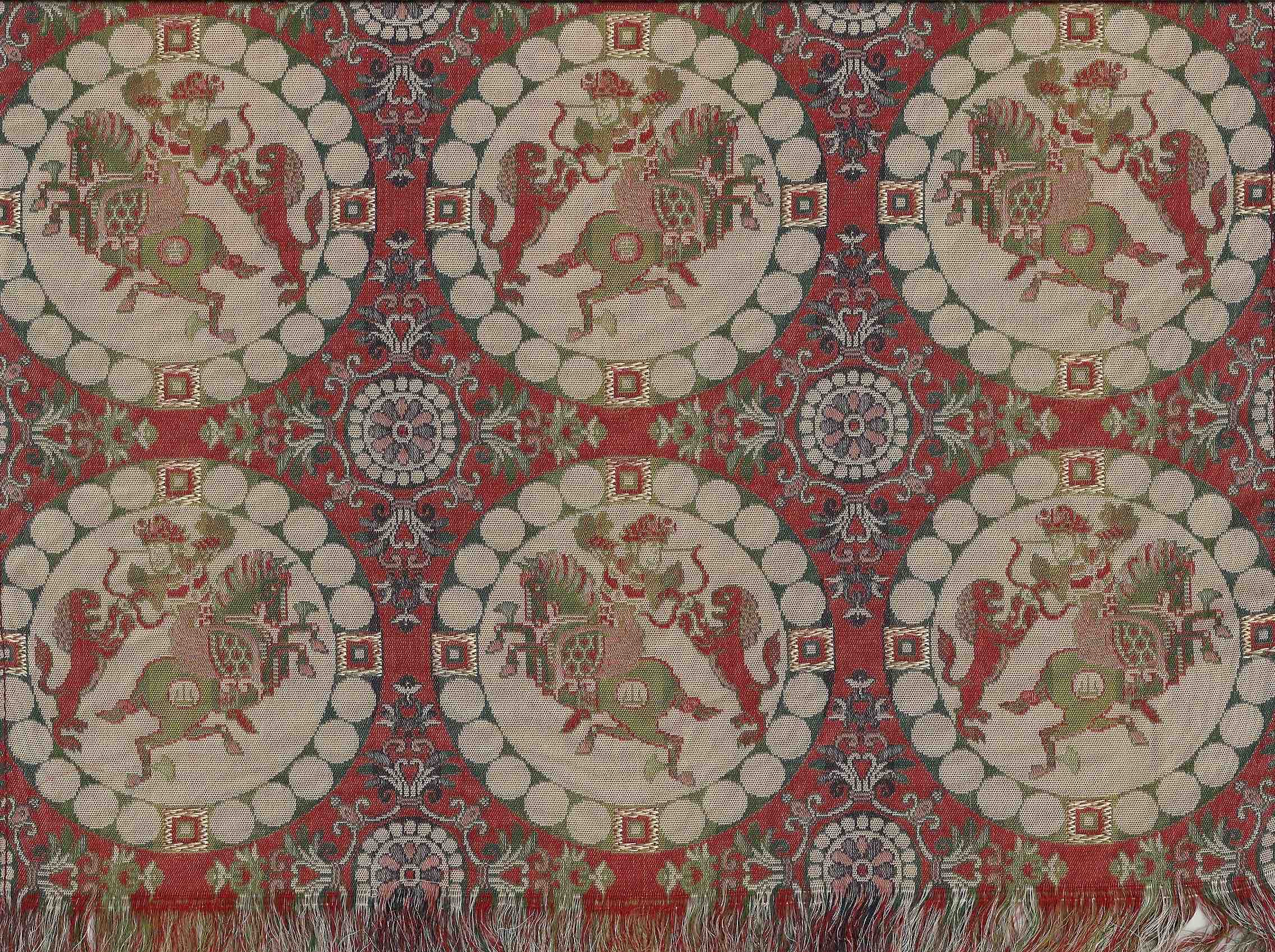 Reproduction of a silk twill textile, woven in Japan, imitating a Sasanian Persian original.