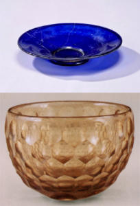 A round blue glass plate and a cut glass bowl that originated in Sassanid Persia and were found in Nara Prefecture, Japan.