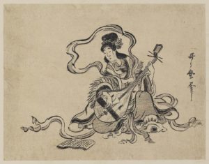 Woodblock print of the deity Benzaiten playing a lute.