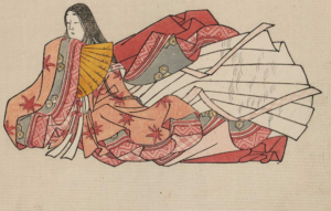 Painting of a Japanese woman sitting down wearing an ornate pink and blue Kimono adorned with red Japanese maple leaves and stripes. She holds a yellow fan in one hand in front of her body. 