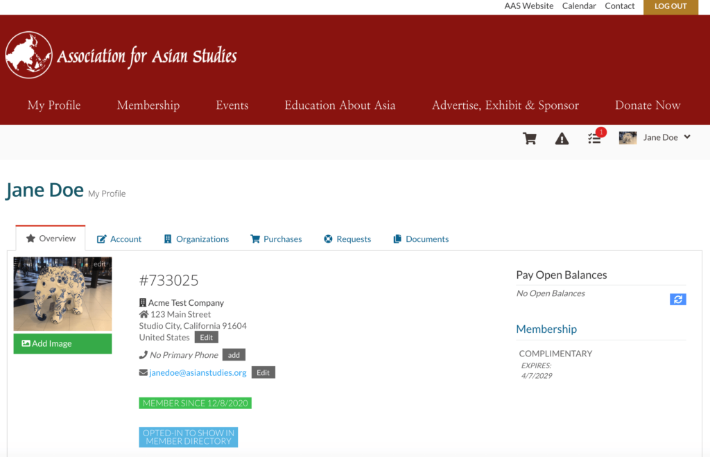 Screenshot of the "My Profile" page at the new AAS member portal.