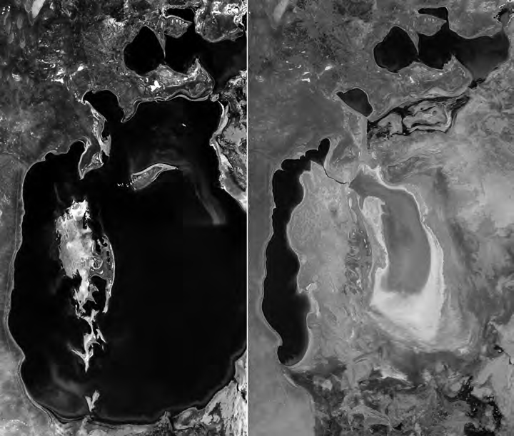 NASA images of the Aral Sea in 1987 (left) and 2008 (right). This map shows the severe shrinking of the Aral Sea. 