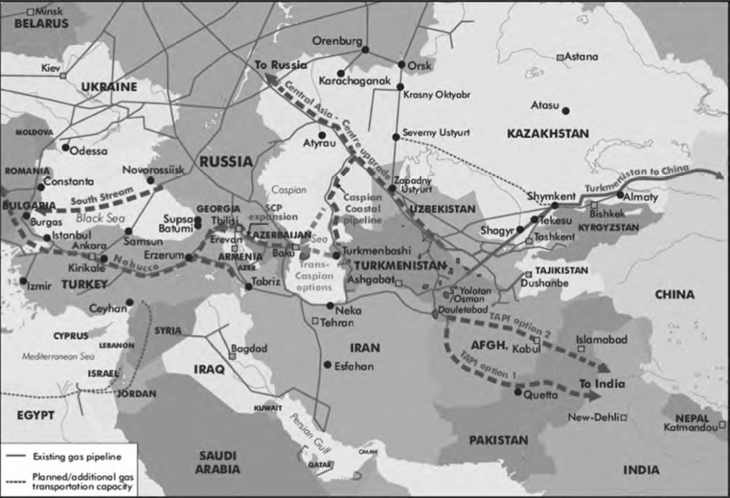 Map of natural gas pipelines in Central Asia. 