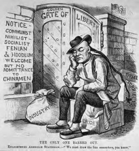 illustration of a chinese man sitting upset outside of a gate. The illustrarion reads: Golden gate of liberty. notice- communist nihilist socialist fenian & hoodlum welcome but no admittance to chinamen"