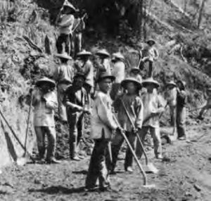 many men with shovels look at the camera. they wear similar simple garbs of light long-sleeved shirts and dark pants, with straw hats.
