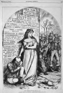 illustration of a man hiding behind a woman in a dress. behind them is an angry crowd.