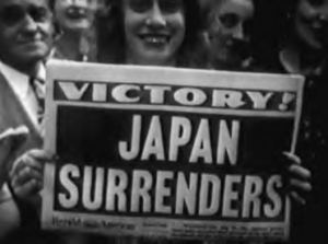 Newspaper headline: "Victory! Japan surrenders."
