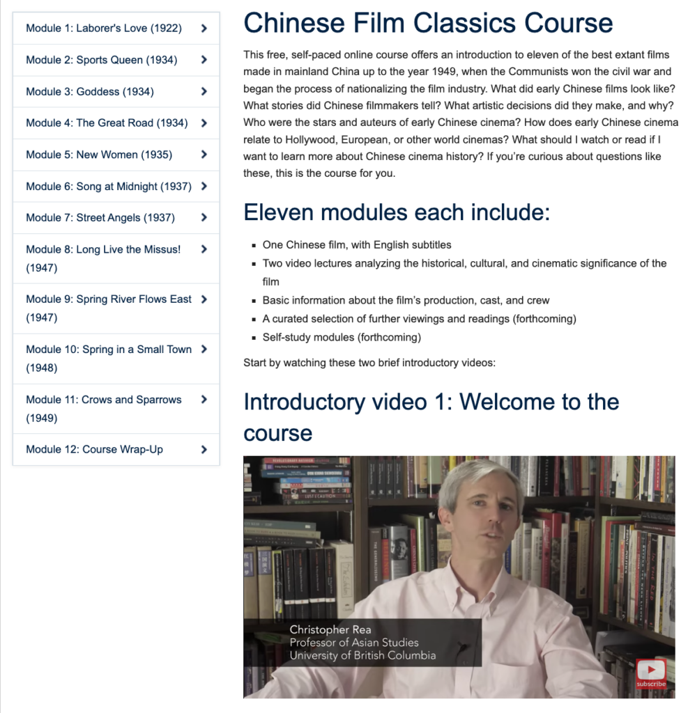 Screen capture from the website’s introductory course page with a video of Christopher Rea’s course overview.