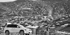 A densely populated ger district with numerous rows of informal ger settlements.