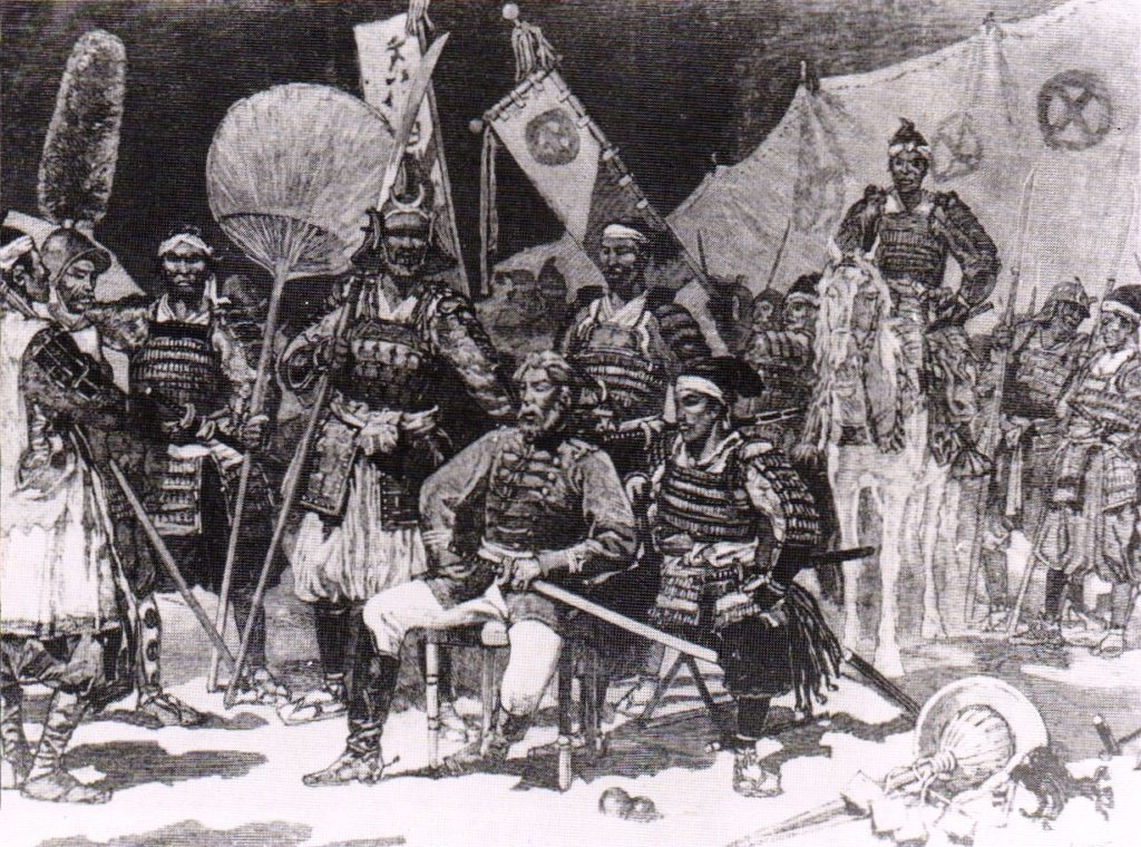 Saigō Takamori (seated, in Western uniform), surrounded by his officers, in samurai attire. News article in Le Monde Illustré, 1877. 