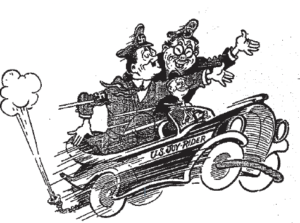 illustration of two men, one of whom looks like hitler, in a car together