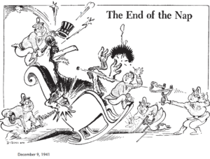 comic illustration of many people assaulting a bird with a United States hat. it is titled "the end of a nap"